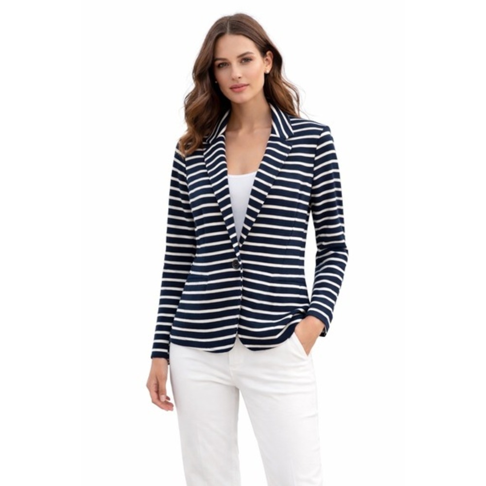 Old Navy Striped Navy Blue White Knit Blazer Jacket M Nautical Chic Preppy 70-10